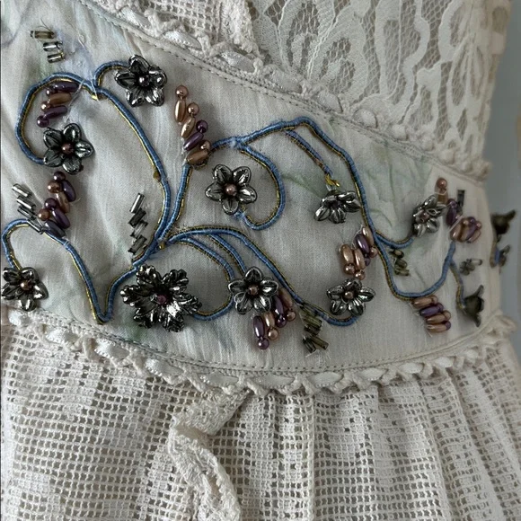 LoveShackFancy Ibis Beaded Ruffle V Plunge Lace Overlay Dress in Magnolia Tea - Picture 6 of 16